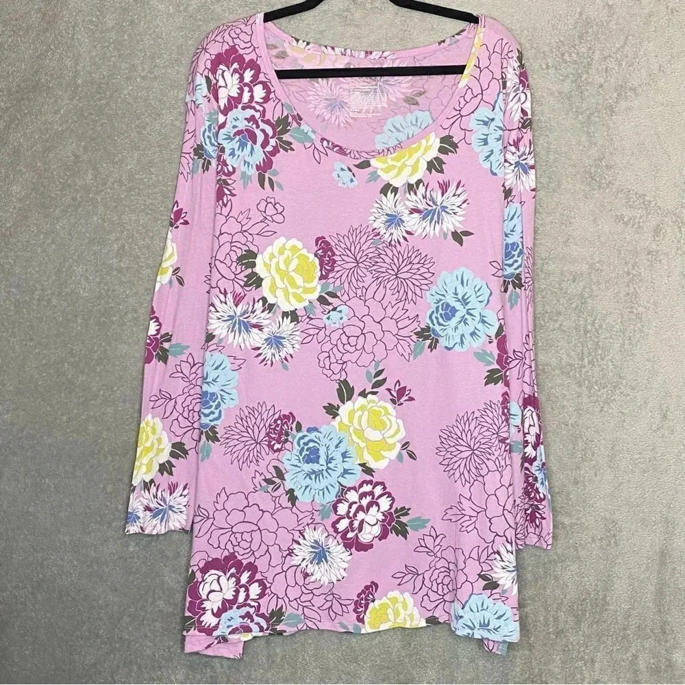 Terra & Sky Womens Top 1X Purple Floral Long Sleeve Scoop Neck Cotton Knit‎ P17